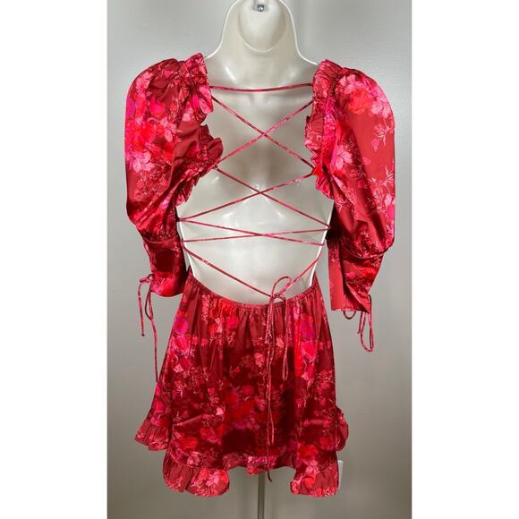 For Love & Lemons Alia Floral Puff Sleeve Tie Back Red Mini Dress Size XS - Picture 7 of 9